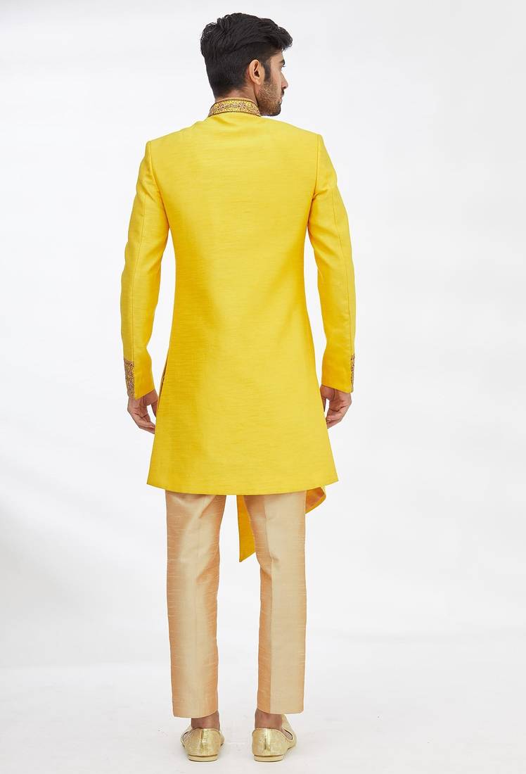 Yellow solid art silk indo western dresses for men