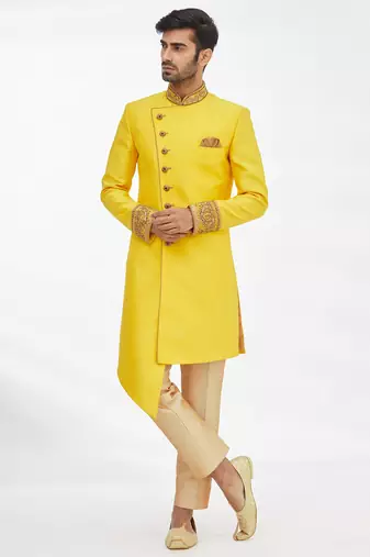 Yellow solid art silk indo western dresses for men