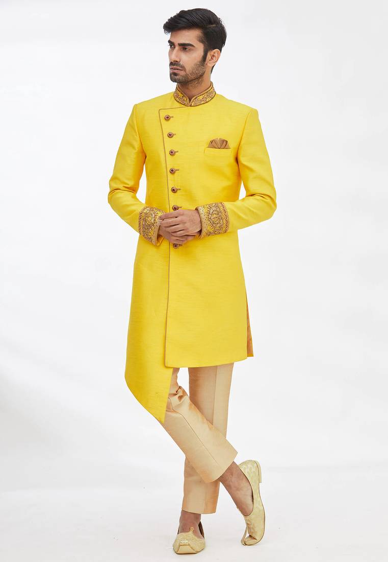 Yellow solid art silk indo western dresses for men