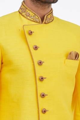 Yellow solid art silk indo western dresses for men 4