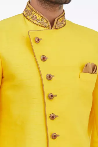 Yellow solid art silk indo western dresses for men