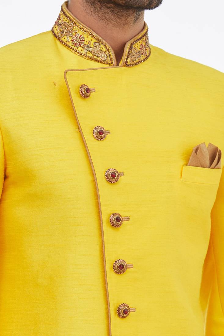 Yellow solid art silk indo western dresses for men