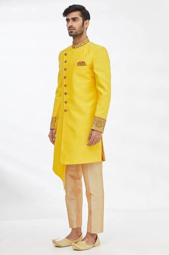 Yellow solid art silk indo western dresses for men