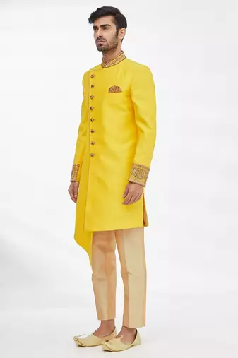 Yellow solid art silk indo western dresses for men