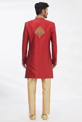 Maroon solid art silk indo western dresses for men 2