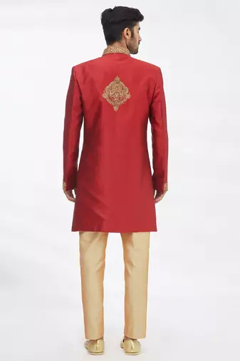 Maroon solid art silk indo western dresses for men