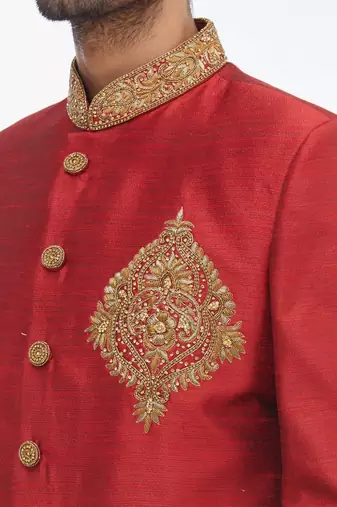 Maroon solid art silk indo western dresses for men