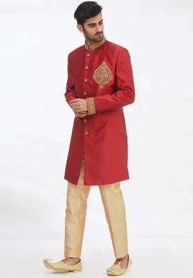 Maroon solid art silk indo western dresses for men 4