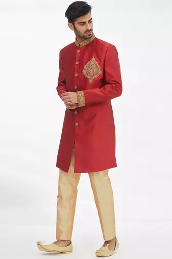 Maroon solid art silk indo western dresses for men