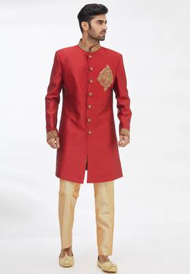 Maroon solid art silk indo western dresses for men 1