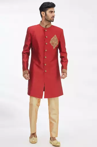 Maroon solid art silk indo western dresses for men