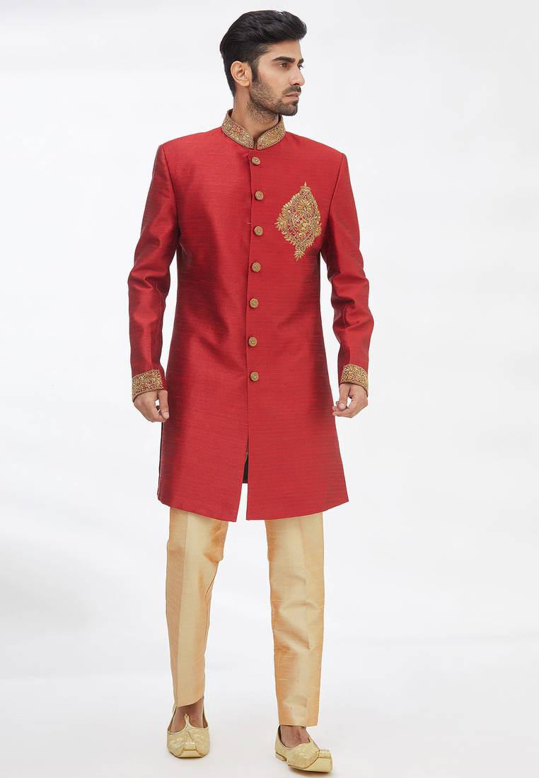 Maroon solid art silk indo western dresses for men