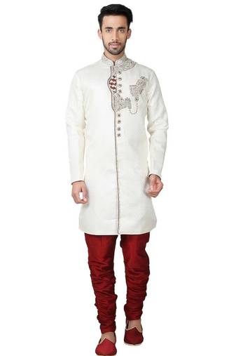 Cream hand embroidered brocade silk indo western dresses for men