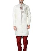 Cream hand embroidered brocade silk indo western dresses for men