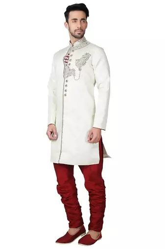 Cream hand embroidered brocade silk indo western dresses for men