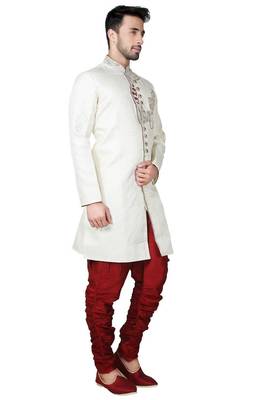 Cream hand embroidered brocade silk indo western dresses for men 3