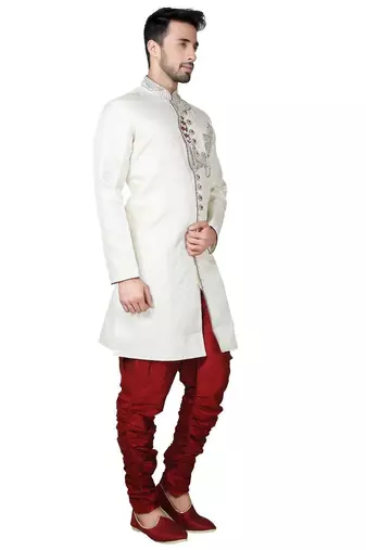 Cream hand embroidered brocade silk indo western dresses for men