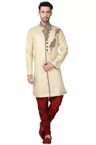 Gold hand embroidered brocade silk indo western dresses for men