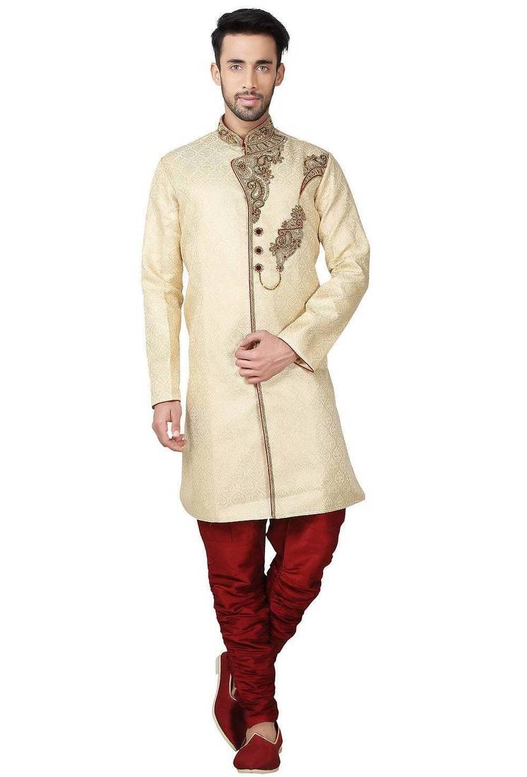 Gold hand embroidered brocade silk indo western dresses for men