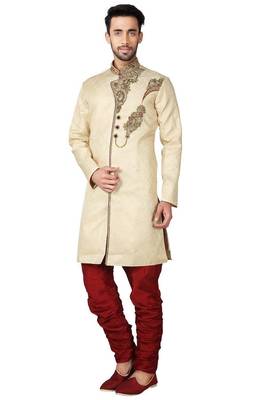 Gold hand embroidered brocade silk indo western dresses for men 2