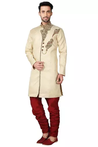 Gold hand embroidered brocade silk indo western dresses for men
