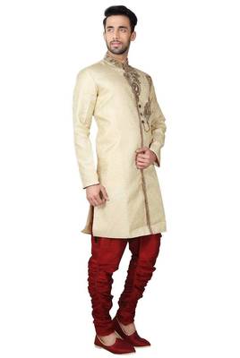 Gold hand embroidered brocade silk indo western dresses for men 3
