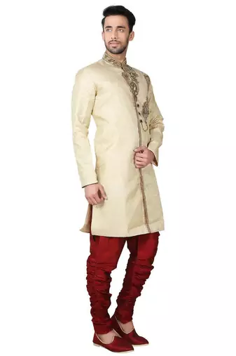 Gold hand embroidered brocade silk indo western dresses for men