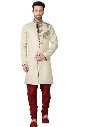 Fawn yellow hand embroidered brocade silk indo western dresses for men