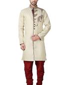Fawn yellow hand embroidered brocade silk indo western dresses for men