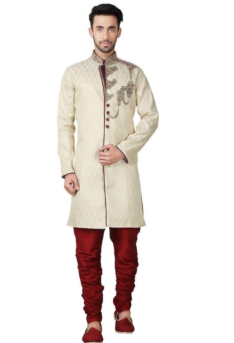 Fawn yellow hand embroidered brocade silk indo western dresses for men