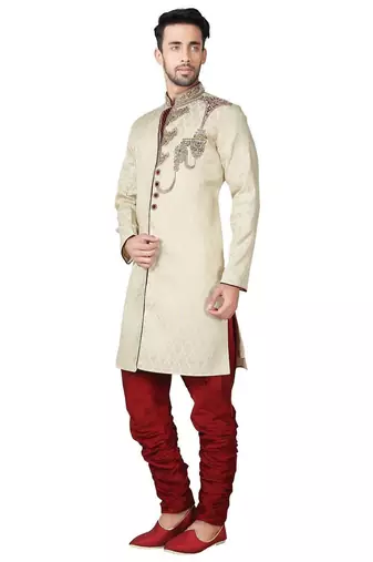 Fawn yellow hand embroidered brocade silk indo western dresses for men