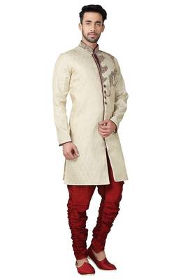 Fawn yellow hand embroidered brocade silk indo western dresses for men 3