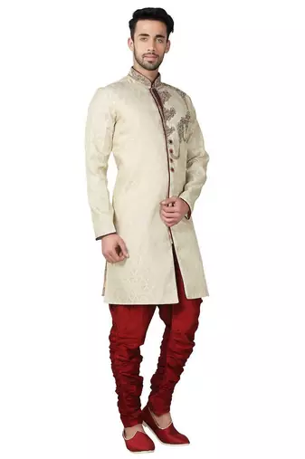 Fawn yellow hand embroidered brocade silk indo western dresses for men