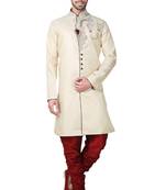 Fawn yellow hand embroidered brocade silk indo western dresses for men