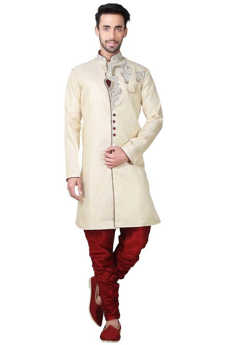 Fawn yellow hand embroidered brocade silk indo western dresses for men
