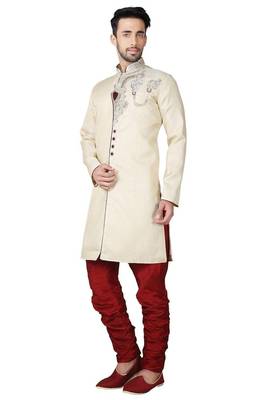 Fawn yellow hand embroidered brocade silk indo western dresses for men 2