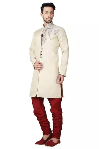 Fawn yellow hand embroidered brocade silk indo western dresses for men