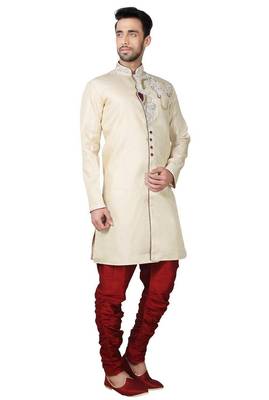 Fawn yellow hand embroidered brocade silk indo western dresses for men 3