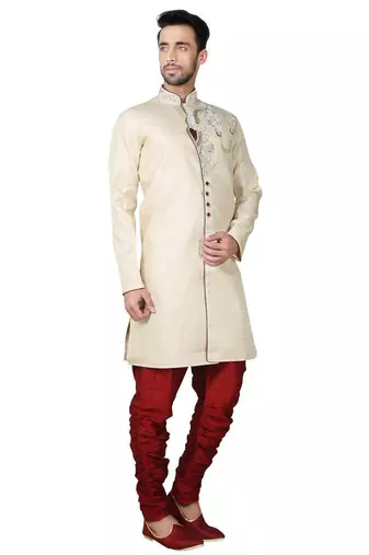 Fawn yellow hand embroidered brocade silk indo western dresses for men