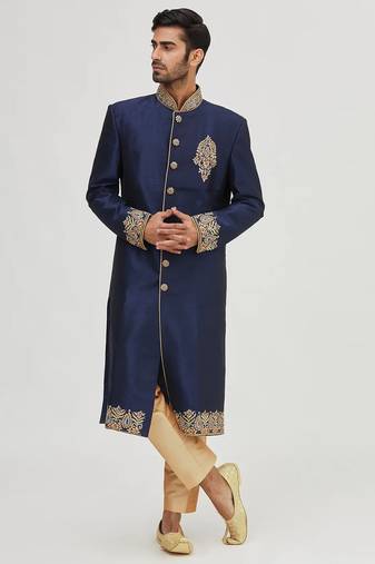 Navy blue embroidered art silk sherwani for men