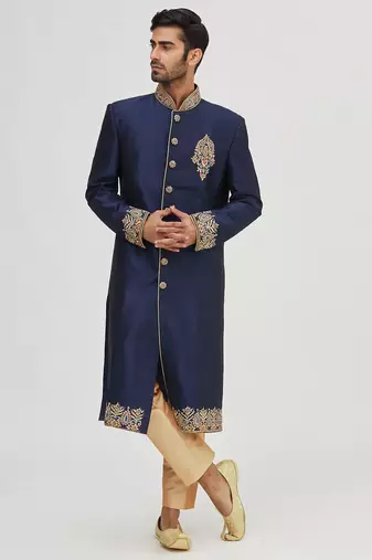 Navy blue embroidered art silk sherwani for men