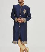 Navy blue embroidered art silk sherwani for men