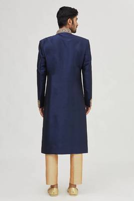 Navy blue embroidered art silk sherwani for men 2