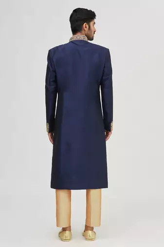 Navy blue embroidered art silk sherwani for men