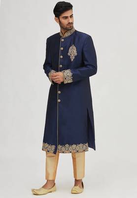 Navy blue embroidered art silk sherwani for men 3