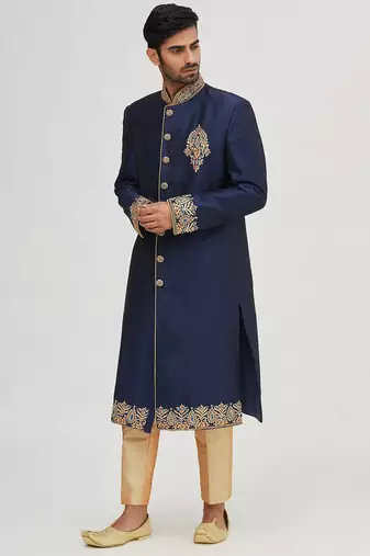 Navy blue embroidered art silk sherwani for men