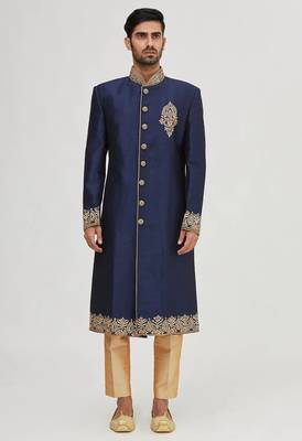 Navy blue embroidered art silk sherwani for men 4