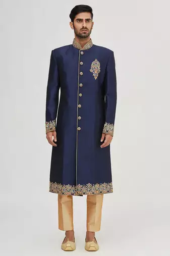 Navy blue embroidered art silk sherwani for men