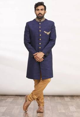 Navy blue hand embroidered art silk sherwani for men 1