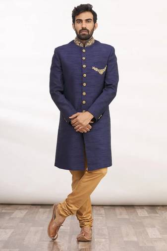 Navy blue hand embroidered art silk sherwani for men